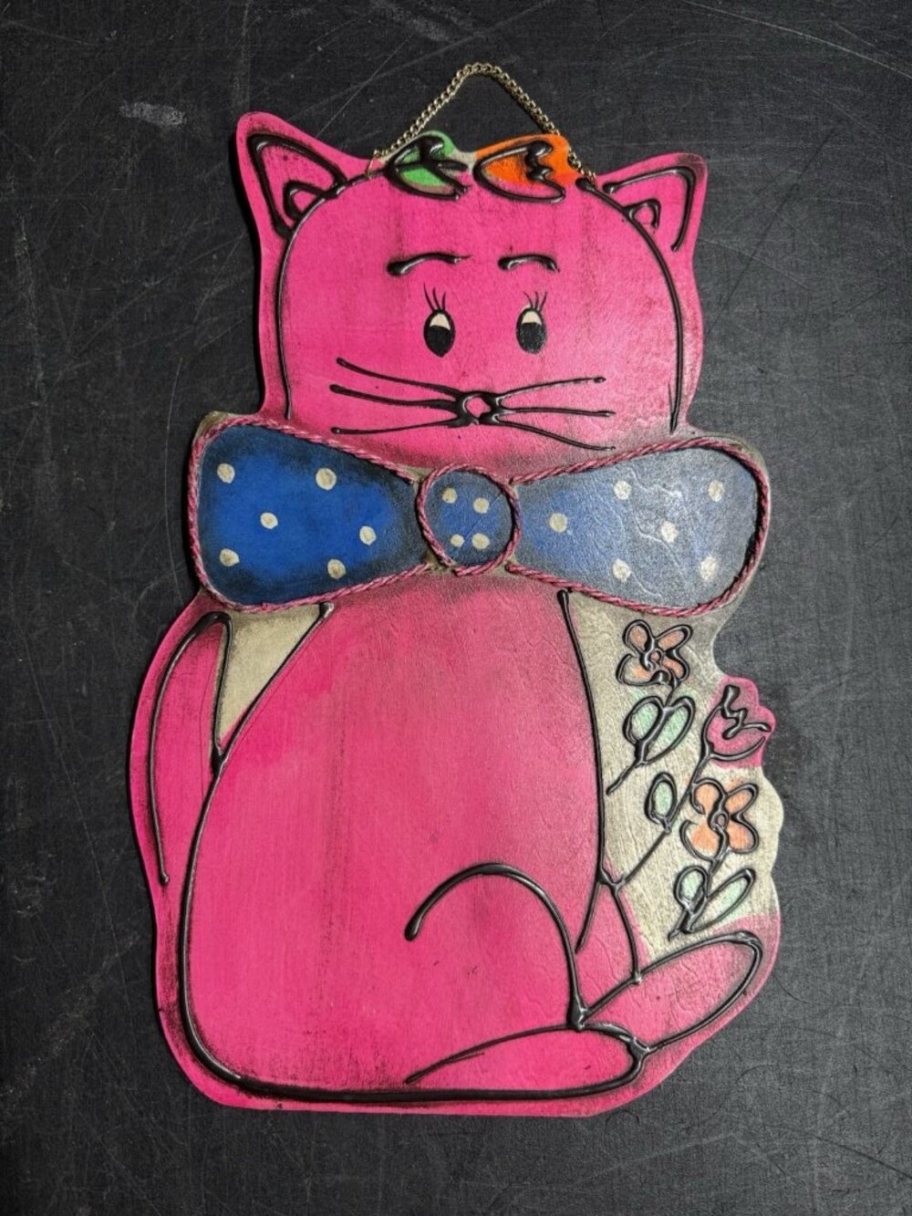 Hand Painted 70s Retro Wooden Wall Pink Cat Kitten Plaque Hanging Kitsch Japan